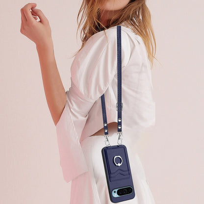 For Google Pixel 9 / 9 Pro R20 Crossbody Rope Ring Card Holder Phone Case(Blue) by buy2fix