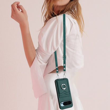 For Google Pixel 9 / 9 Pro R20 Crossbody Rope Ring Card Holder Phone Case(Green) by buy2fix