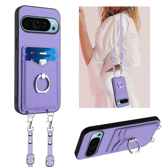 For Google Pixel 9 / 9 Pro R20 Crossbody Rope Ring Card Holder Phone Case(Purple) by buy2fix
