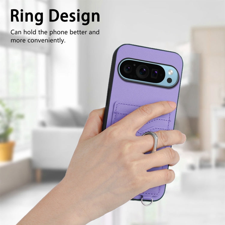For Google Pixel 9 / 9 Pro R20 Crossbody Rope Ring Card Holder Phone Case(Purple) by buy2fix