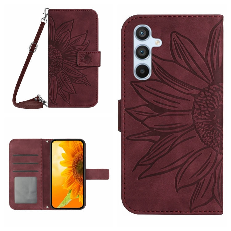 For Samsung Galaxy S25 5G Skin Feel Sun Flower Embossed Flip Leather Phone Case with Lanyard(Wine Red) by buy2fix