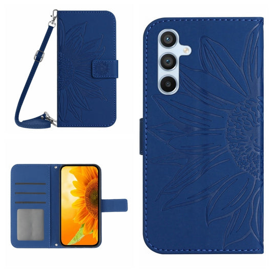 For Samsung Galaxy S25+ 5G Skin Feel Sun Flower Embossed Flip Leather Phone Case with Lanyard(Dark Blue) by buy2fix