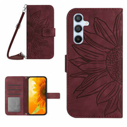 For Samsung Galaxy S25+ 5G Skin Feel Sun Flower Embossed Flip Leather Phone Case with Lanyard(Wine Red) by buy2fix
