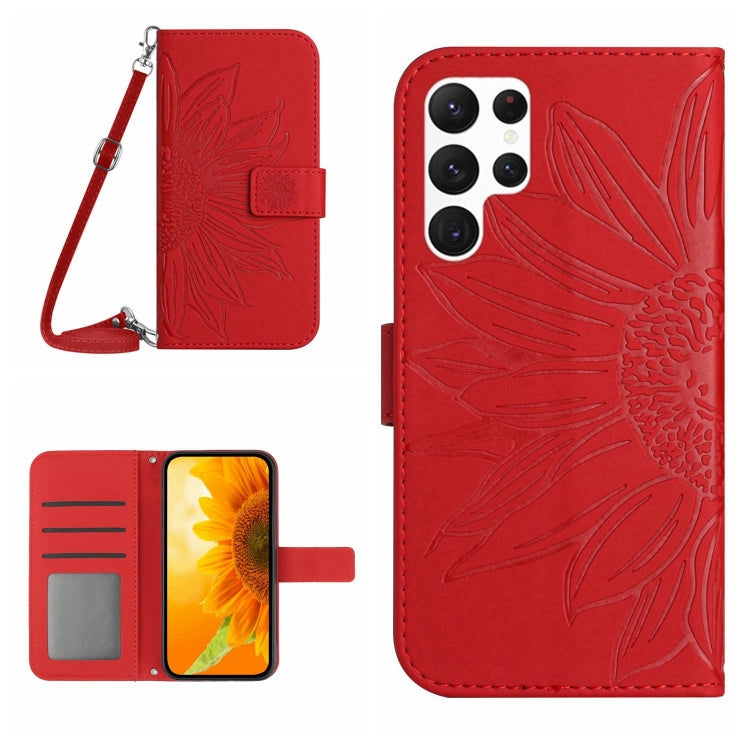 For Samsung Galaxy S25 Ultra 5G Skin Feel Sun Flower Embossed Flip Leather Phone Case with Lanyard(Red) by buy2fix