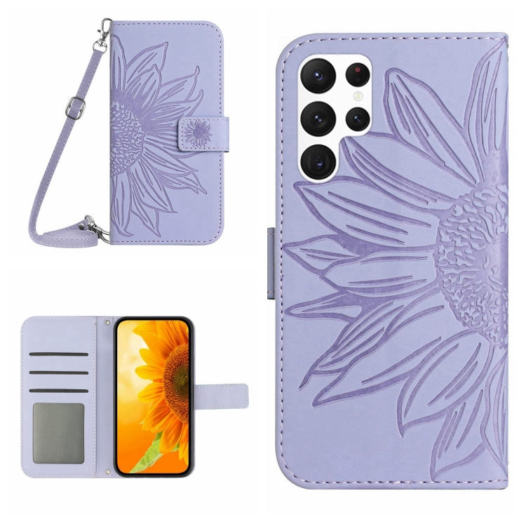 For Samsung Galaxy S25 Ultra 5G Skin Feel Sun Flower Embossed Flip Leather Phone Case with Lanyard(Purple) by buy2fix