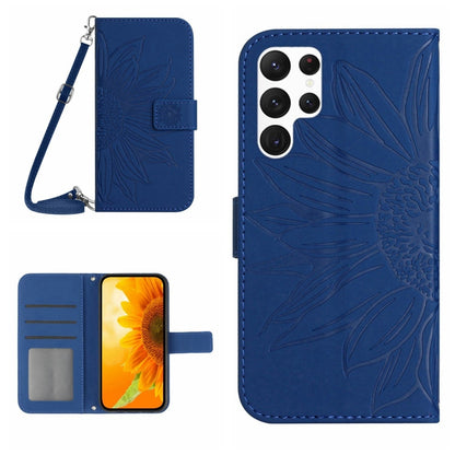 For Samsung Galaxy S25 Ultra 5G Skin Feel Sun Flower Embossed Flip Leather Phone Case with Lanyard(Dark Blue) by buy2fix
