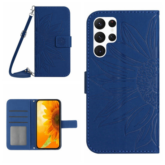 For Samsung Galaxy S25 Ultra 5G Skin Feel Sun Flower Embossed Flip Leather Phone Case with Lanyard(Dark Blue) by buy2fix