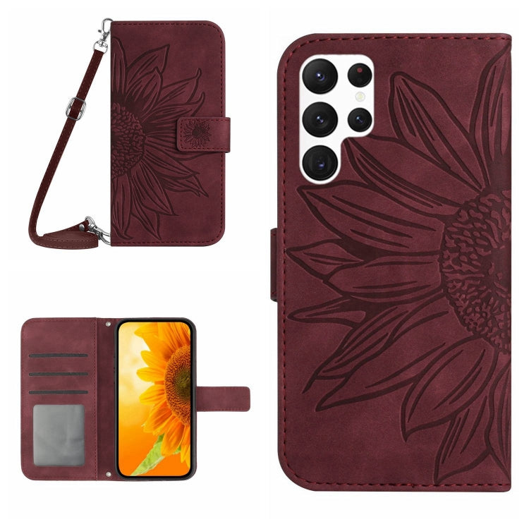 For Samsung Galaxy S25 Ultra 5G Skin Feel Sun Flower Embossed Flip Leather Phone Case with Lanyard(Wine Red) by buy2fix