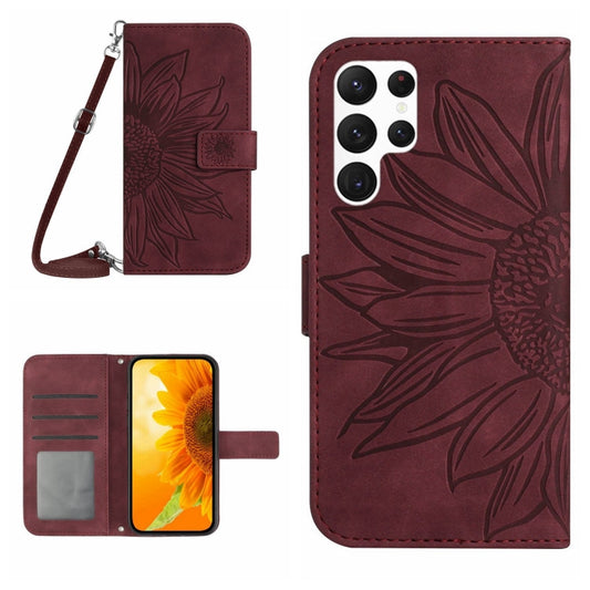 For Samsung Galaxy S25 Ultra 5G Skin Feel Sun Flower Embossed Flip Leather Phone Case with Lanyard(Wine Red) by buy2fix