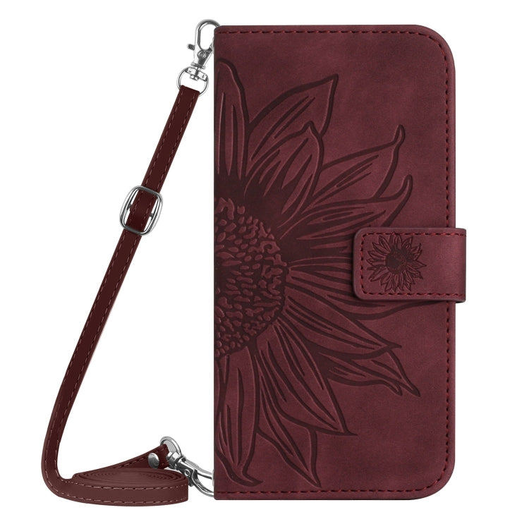 For Samsung Galaxy S25 Ultra 5G Skin Feel Sun Flower Embossed Flip Leather Phone Case with Lanyard(Wine Red) by buy2fix