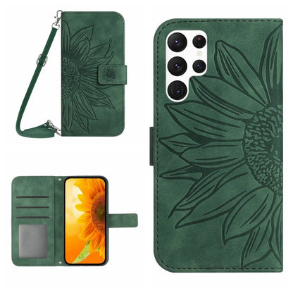 For Samsung Galaxy S25 Ultra 5G Skin Feel Sun Flower Embossed Flip Leather Phone Case with Lanyard(Green) by buy2fix
