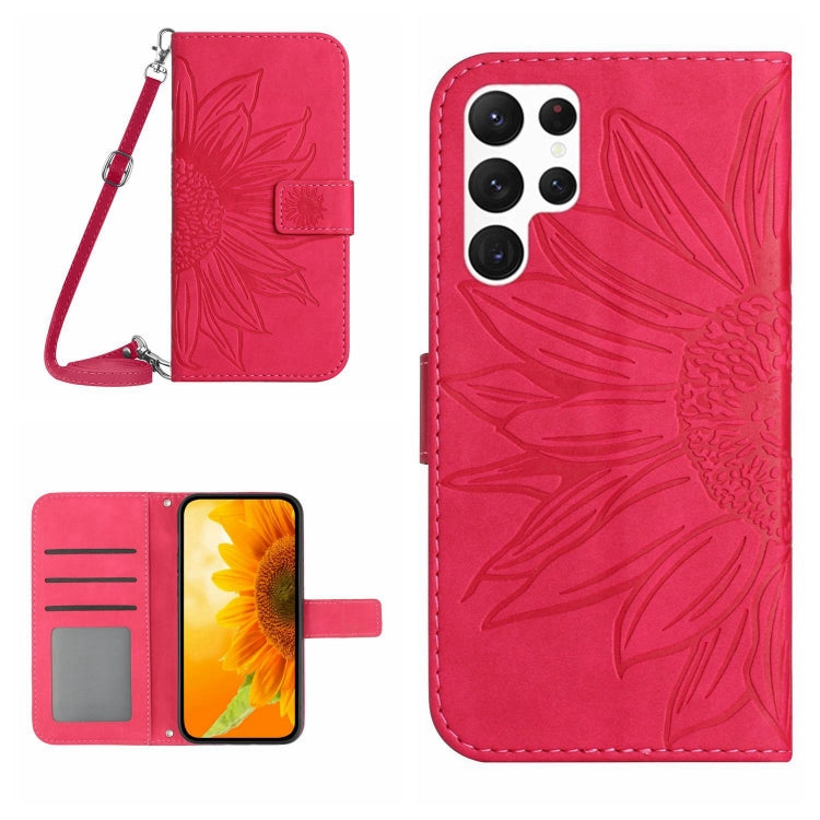 For Samsung Galaxy S25 Ultra 5G Skin Feel Sun Flower Embossed Flip Leather Phone Case with Lanyard(Rose Red) by buy2fix