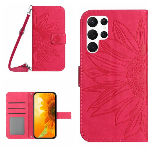 For Samsung Galaxy S25 Ultra 5G Skin Feel Sun Flower Embossed Flip Leather Phone Case with Lanyard(Rose Red) by buy2fix