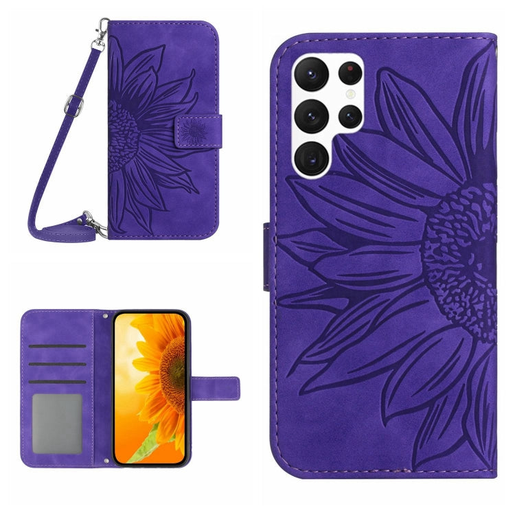 For Samsung Galaxy S25 Ultra 5G Skin Feel Sun Flower Embossed Flip Leather Phone Case with Lanyard(Dark Purple) by buy2fix