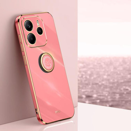 For Redmi Note 14 5G Global XINLI Straight Edge 6D Electroplate TPU Phone Case with Ring Holder(Hawthorn Red)