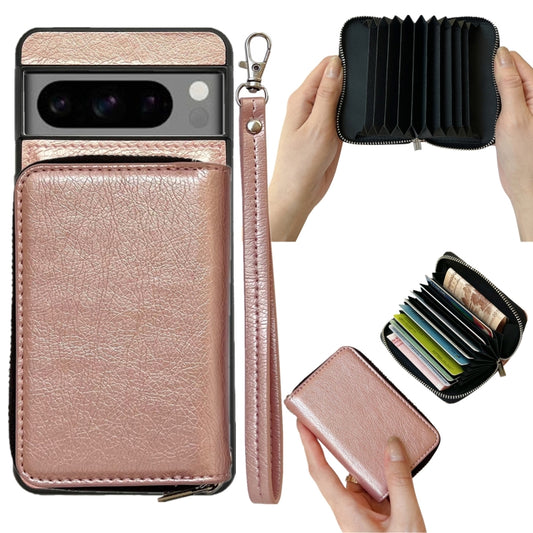 For Google Pixel 9 Pro XL Solid Color Zipper 11-Card Slots Bag Phone Case with Lanyard(Rose Gold) by buy2fix