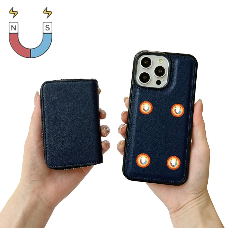 For iPhone 15 Pro Max Solid Color Zipper 11-Card Slots Bag Phone Case with Lanyard(Blue) - iPhone 15 Pro Max Cases by buy2fix | Online Shopping UK | buy2fix