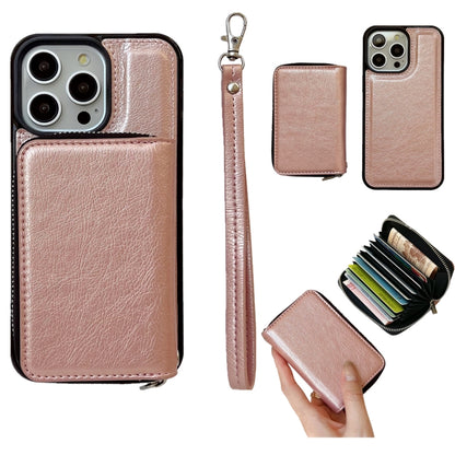 For iPhone 15 Pro Max Solid Color Zipper 11-Card Slots Bag Phone Case with Lanyard(Rose Gold) - iPhone 15 Pro Max Cases by buy2fix | Online Shopping UK | buy2fix