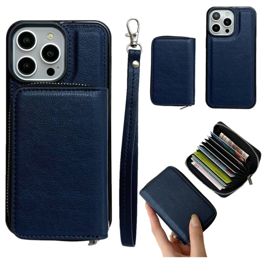 For iPhone 15 Pro Solid Color Zipper 11-Card Slots Bag Phone Case with Lanyard(Blue) - iPhone 15 Pro Cases by buy2fix | Online Shopping UK | buy2fix
