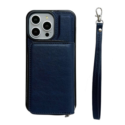 For iPhone 15 Pro Solid Color Zipper 11-Card Slots Bag Phone Case with Lanyard(Blue) - iPhone 15 Pro Cases by buy2fix | Online Shopping UK | buy2fix