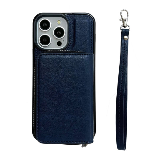For iPhone 15 Pro Solid Color Zipper 11-Card Slots Bag Phone Case with Lanyard(Blue) - iPhone 15 Pro Cases by buy2fix | Online Shopping UK | buy2fix