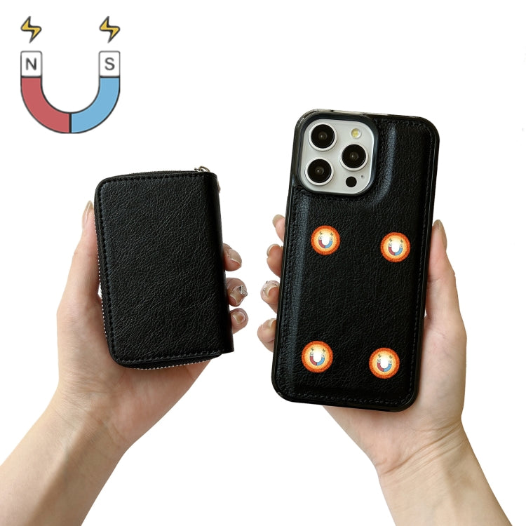 For iPhone 15 Pro Solid Color Zipper 11-Card Slots Bag Phone Case with Lanyard(Black) - iPhone 15 Pro Cases by buy2fix | Online Shopping UK | buy2fix