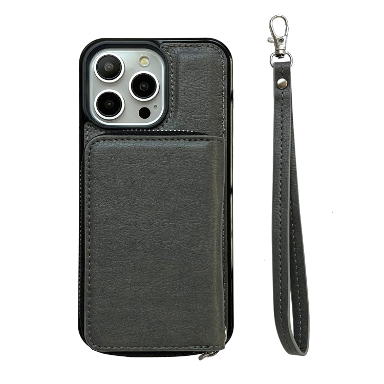 For iPhone 15 Pro Solid Color Zipper 11-Card Slots Bag Phone Case with Lanyard(Grey) - iPhone 15 Pro Cases by buy2fix | Online Shopping UK | buy2fix