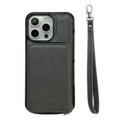 For iPhone 15 Pro Solid Color Zipper 11-Card Slots Bag Phone Case with Lanyard(Grey) - iPhone 15 Pro Cases by buy2fix | Online Shopping UK | buy2fix