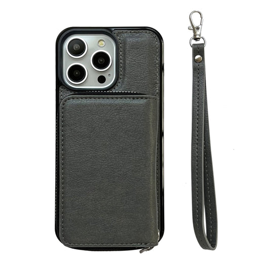 For iPhone 15 Pro Solid Color Zipper 11-Card Slots Bag Phone Case with Lanyard(Grey) - iPhone 15 Pro Cases by buy2fix | Online Shopping UK | buy2fix