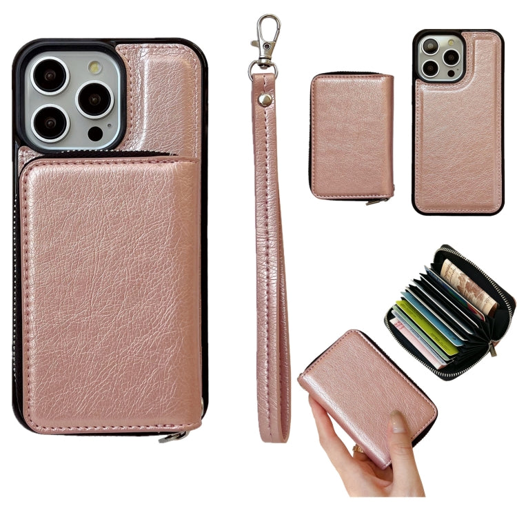 For iPhone 15 Pro Solid Color Zipper 11-Card Slots Bag Phone Case with Lanyard(Rose Gold) - iPhone 15 Pro Cases by buy2fix | Online Shopping UK | buy2fix