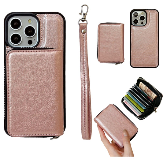 For iPhone 15 Pro Solid Color Zipper 11-Card Slots Bag Phone Case with Lanyard(Rose Gold) - iPhone 15 Pro Cases by buy2fix | Online Shopping UK | buy2fix