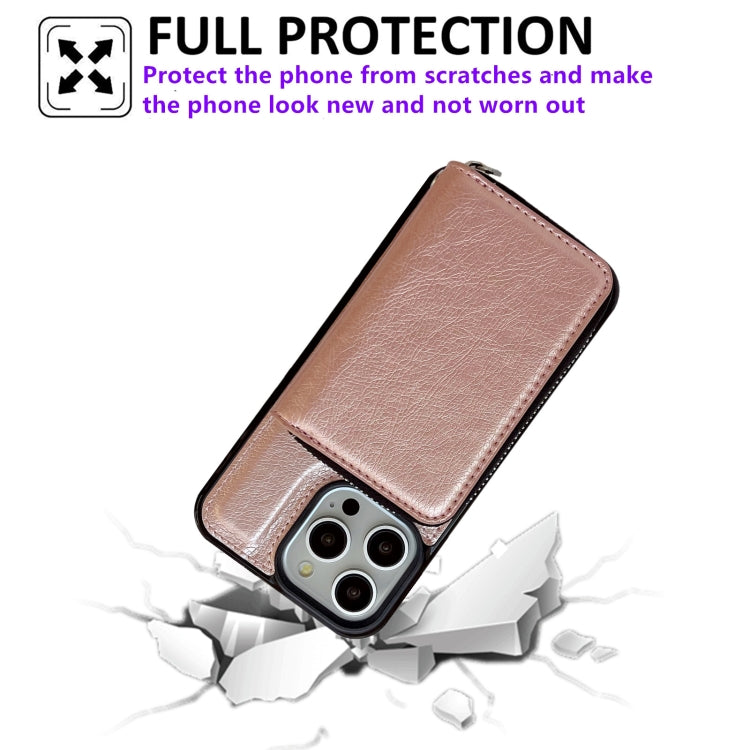 For iPhone 15 Pro Solid Color Zipper 11-Card Slots Bag Phone Case with Lanyard(Rose Gold) - iPhone 15 Pro Cases by buy2fix | Online Shopping UK | buy2fix