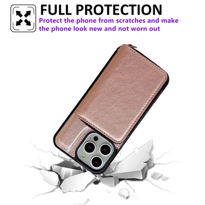 For iPhone 15 Pro Solid Color Zipper 11-Card Slots Bag Phone Case with Lanyard(Rose Gold) - iPhone 15 Pro Cases by buy2fix | Online Shopping UK | buy2fix