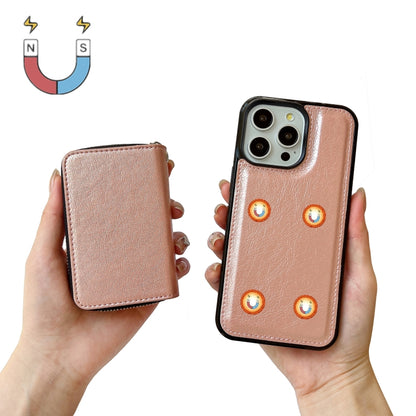 For iPhone 15 Pro Solid Color Zipper 11-Card Slots Bag Phone Case with Lanyard(Rose Gold) - iPhone 15 Pro Cases by buy2fix | Online Shopping UK | buy2fix