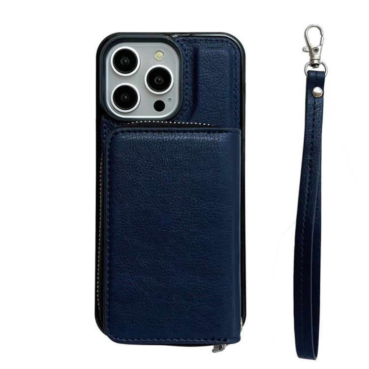 For iPhone 16 Pro Max Solid Color Zipper 11-Card Slots Bag Phone Case with Lanyard(Blue) by buy2fix