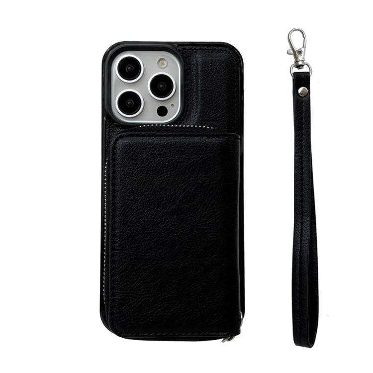 For iPhone 16 Pro Max Solid Color Zipper 11-Card Slots Bag Phone Case with Lanyard(Black) - iPhone 16 Pro Max Cases by buy2fix | Online Shopping UK | buy2fix