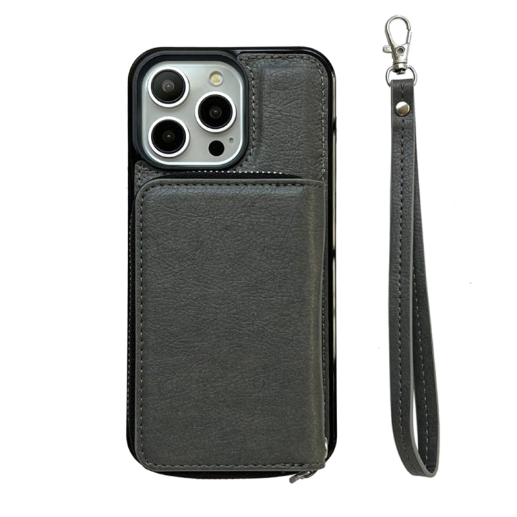 For iPhone 16 Pro Max Solid Color Zipper 11-Card Slots Bag Phone Case with Lanyard(Grey) - iPhone 16 Pro Max Cases by buy2fix | Online Shopping UK | buy2fix