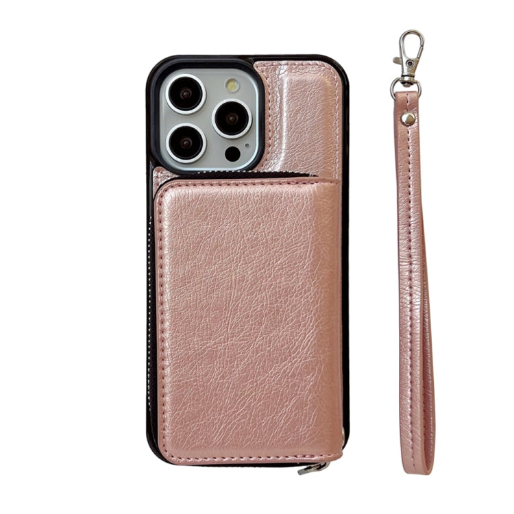 For iPhone 16 Pro Max Solid Color Zipper 11-Card Slots Bag Phone Case with Lanyard(Rose Gold) - iPhone 16 Pro Max Cases by buy2fix | Online Shopping UK | buy2fix