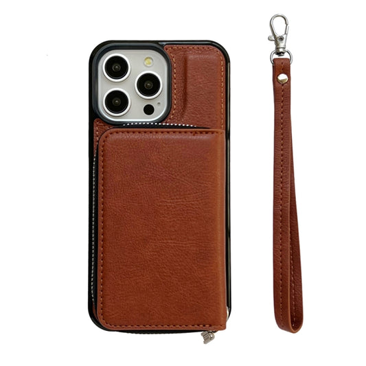 For iPhone 16 Pro Max Solid Color Zipper 11-Card Slots Bag Phone Case with Lanyard(Brown) - iPhone 16 Pro Max Cases by buy2fix | Online Shopping UK | buy2fix