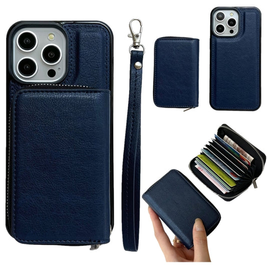 For iPhone 16 Pro Solid Color Zipper 11-Card Slots Bag Phone Case with Lanyard(Blue) - iPhone 16 Pro Cases by buy2fix | Online Shopping UK | buy2fix