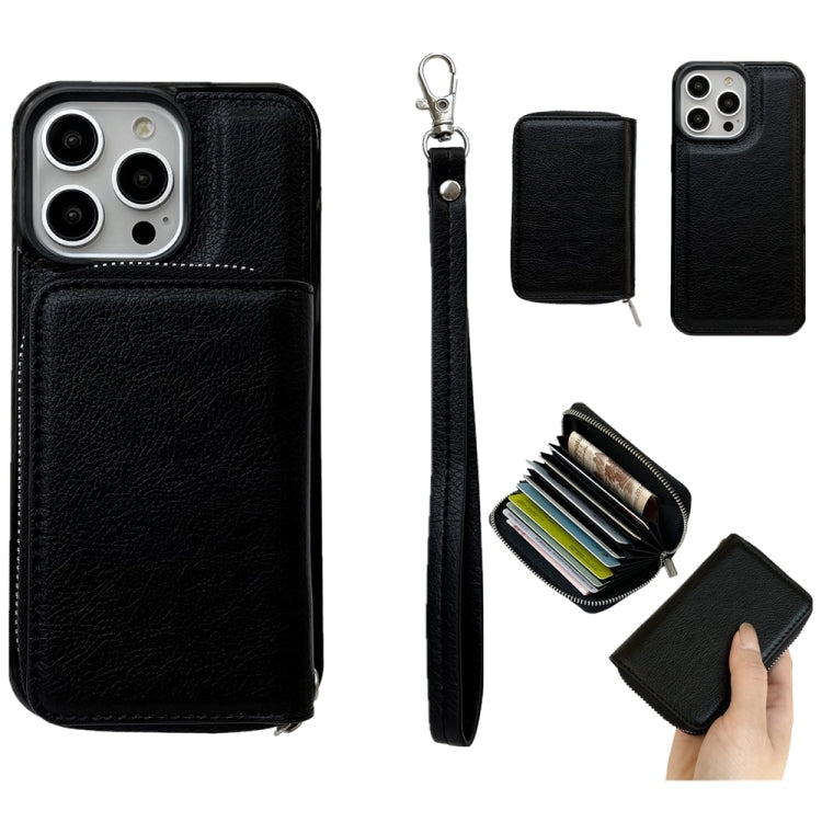 For iPhone 16 Pro Solid Color Zipper 11-Card Slots Bag Phone Case with Lanyard(Black) - iPhone 16 Pro Cases by buy2fix | Online Shopping UK | buy2fix