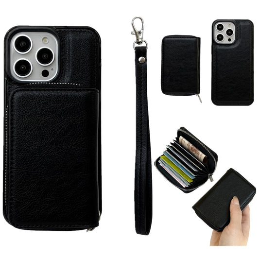 For iPhone 16 Pro Solid Color Zipper 11-Card Slots Bag Phone Case with Lanyard(Black) - iPhone 16 Pro Cases by buy2fix | Online Shopping UK | buy2fix