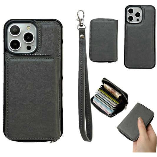 For iPhone 16 Pro Solid Color Zipper 11-Card Slots Bag Phone Case with Lanyard(Grey) - iPhone 16 Pro Cases by buy2fix | Online Shopping UK | buy2fix