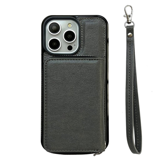 For iPhone 16 Pro Solid Color Zipper 11-Card Slots Bag Phone Case with Lanyard(Grey) - iPhone 16 Pro Cases by buy2fix | Online Shopping UK | buy2fix