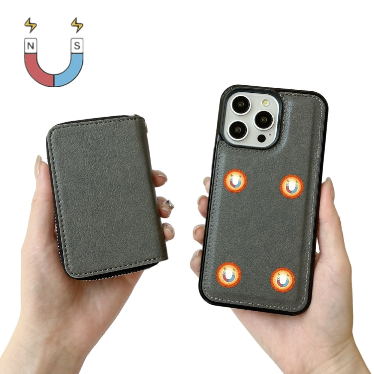 For iPhone 16 Pro Solid Color Zipper 11-Card Slots Bag Phone Case with Lanyard(Grey) - iPhone 16 Pro Cases by buy2fix | Online Shopping UK | buy2fix