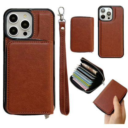 For iPhone 16 Pro Solid Color Zipper 11-Card Slots Bag Phone Case with Lanyard(Brown) - iPhone 16 Pro Cases by buy2fix | Online Shopping UK | buy2fix