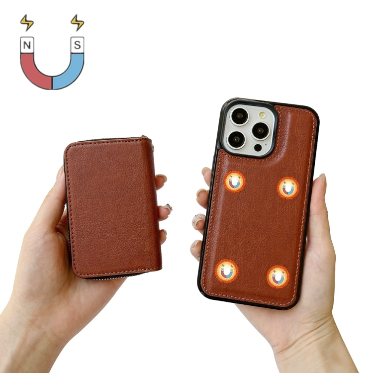 For iPhone 16 Pro Solid Color Zipper 11-Card Slots Bag Phone Case with Lanyard(Brown) - iPhone 16 Pro Cases by buy2fix | Online Shopping UK | buy2fix