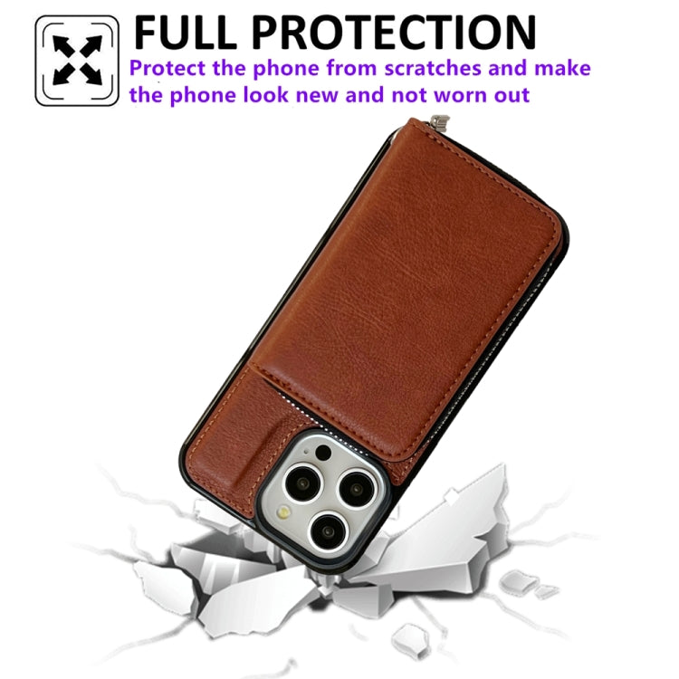 For iPhone 16 Pro Solid Color Zipper 11-Card Slots Bag Phone Case with Lanyard(Brown) - iPhone 16 Pro Cases by buy2fix | Online Shopping UK | buy2fix
