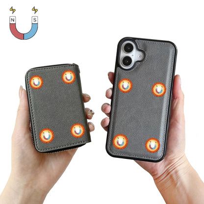 For iPhone 16 Plus Solid Color Zipper 11-Card Slots Bag Phone Case with Lanyard(Grey) - iPhone 16 Plus Cases by buy2fix | Online Shopping UK | buy2fix