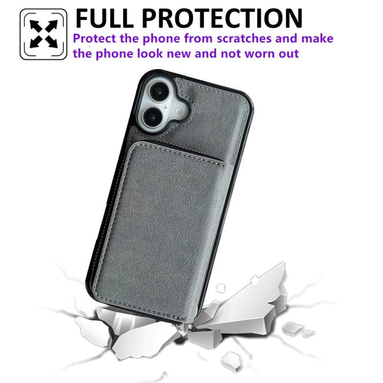 For iPhone 16 Plus Solid Color Zipper 11-Card Slots Bag Phone Case with Lanyard(Grey) - iPhone 16 Plus Cases by buy2fix | Online Shopping UK | buy2fix